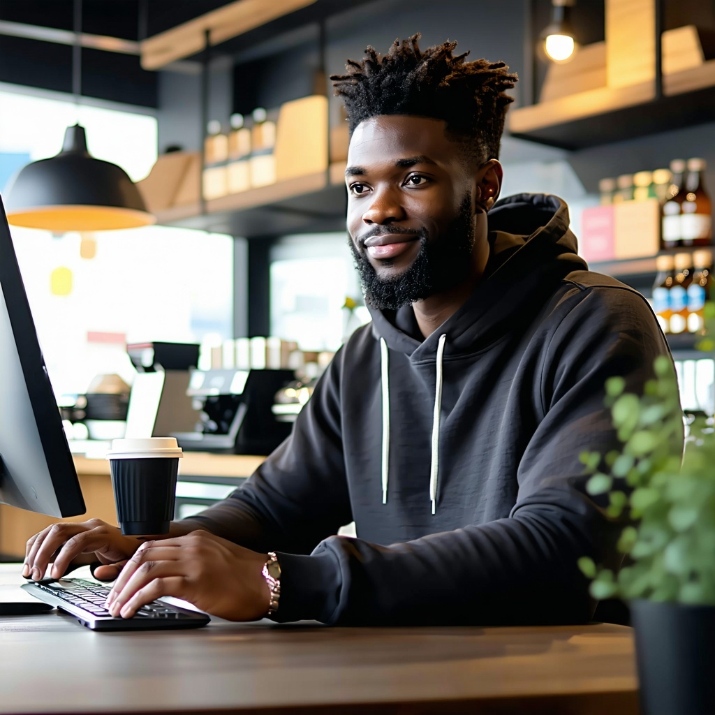 black guy in coffee shop with computer-1 black guy in coffee shop with computer-1