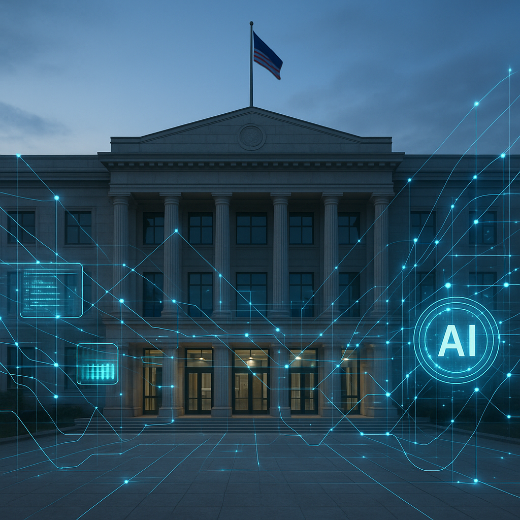 A modern government building with digital network